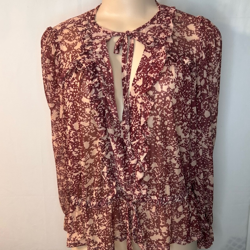 Blessed Women’s Top Blouse Red and Cream Size Petite Stretch Waist Tie.